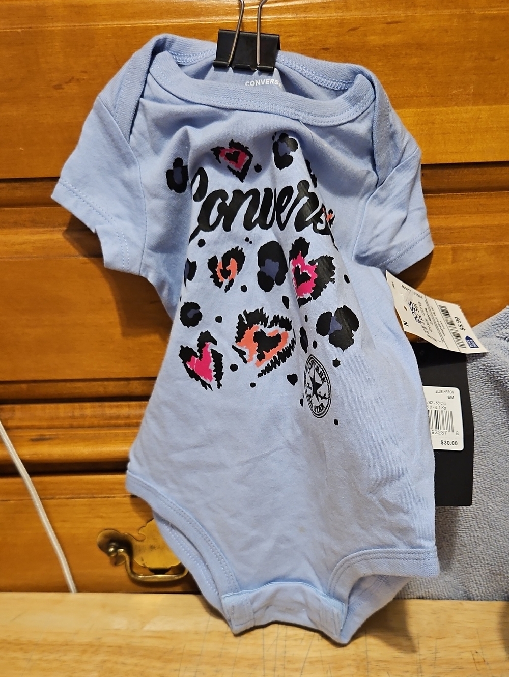 Converse Light Blue Baby One-Piece with Leopard Heart Graphic Size 6M